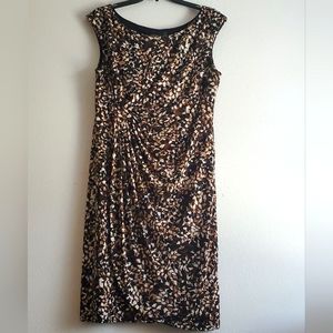 Womens Dress 14P Petite Sleeveless Brown Black Mixed Media Print
